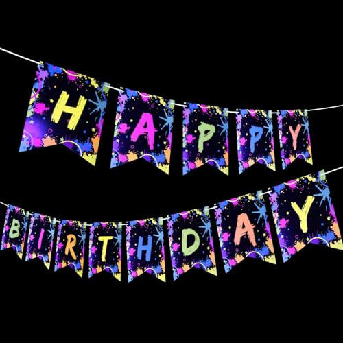 Neon-Leuchtbanner Happy Birthday, Prestrung Happy Birthday Neonschild Let Glow Party Gemaltes Banner für Schwarzlicht Neon Glow Party Supplies Geburtstag Dekorationen
