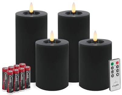 LC Home Candela Lights LED Kerzen Set Flammenlos Echtwachs inklusive Fernbedienung & Batterien Dimmbar Flammenfunktion (Winter Schwarz, 4er Set)