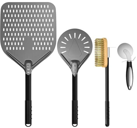 G.a HOMEFAVOR Pala per Pizza Perforata 12 Pollici - Professionale con Alluminio Anodizzato Duro, Spazzola e Ruota per Tagliare Uso Interno ed Esterno