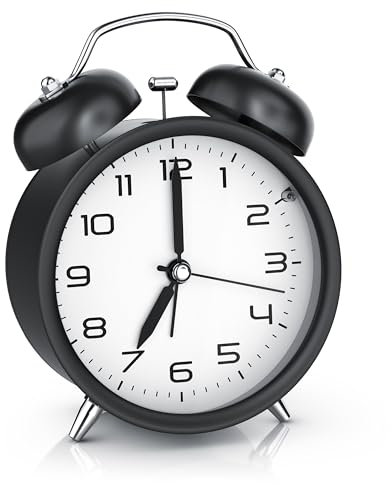 CSL - Reloj Despertador, Pequeño Reloj de Viaje Silencioso Sin Tic-TAC, Alarma Fuerte con Doble Campana para Dormilones, Negro con Esfera Blanca, Luz LED, Mesita de Noche, Dormitorio, Oficina