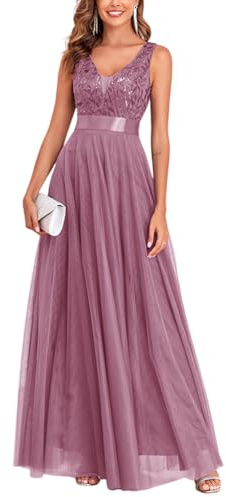 ORANDESIGNE Vestito da Sera Elegante Donna Lungo Vestiti Paillettes in Tulle Chiffon Abito Damigella d'Onore Vita Alta Formale Maxi Abiti da Cerimonia Linea ad A Stile Impero A Rosa L