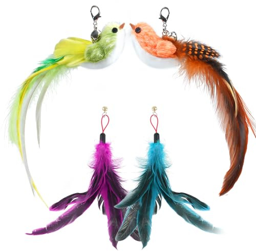 ROSAUI Natural Feather Cat Toy Replacements - Set of 4 Interactive Bird and Feather Attachments for Cat Teaser Wand - Stimulates Hunting Instincts - Indoor Pet Exercise and Fun for Kittens and Cats