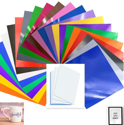 FTXanty Film Vinyle Traceur 28 PCS Vinyl Adhesif Cricut Permanent Multicolore 30.5 x 21cm 24 Vinyle Adhesif Cricut + 4 Transfert Traceur Film Vinyle Autocollant pour DIY Tasse Carte