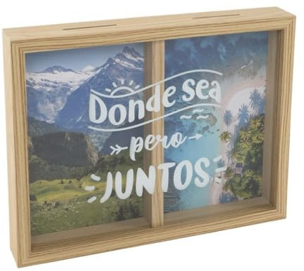 Hucha de Madera con Cristal, Doble Compartimento, Mar y Montaña, Facturas y Viajes. XL 28x22x4 cm (Mar Y Montaña)