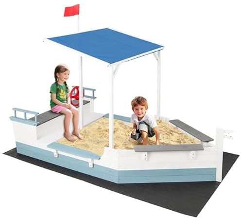 FANTASK Sandkiste Sandbox Holz, Sandkasten Outdoor mit Dach & Flaggenmast & Steuerrad & Sitzbank