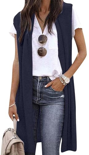 YMING Donne Tunica Aperta Gilet Senza Maniche Cardigan Elasticizzato Estivo Leggero Spolverino Cappotto Blu Marino XL