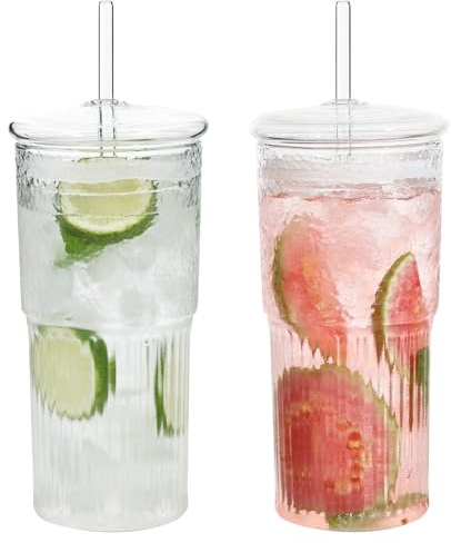 LIMILI Iced Coffee Cup, 600ml/ 20oz Glass Tumbler with Straw and Lids, Thickened Drinking Glasses, Ideal for Cocktails, Juices, Smoothies, Beer, Milk, Water, Tea, Whiskey, Cola (2 Pack)