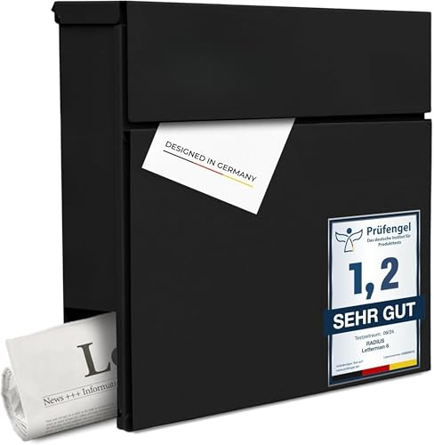 Radius Designer Briefkasten Schwarz – Letterman 6 Basic – Wandbriefkasten mit Zeitungsfach - 10 Jahre Funktions- & Korrosionsgarantie - inkl. Montageset