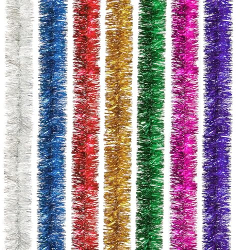 7 PCS Christmas Tree Hanging Tinsel Decoration, Colorful Christmas Tinsel Garland, Metallic Tinsel for Indoor & Outdoor Party Decor