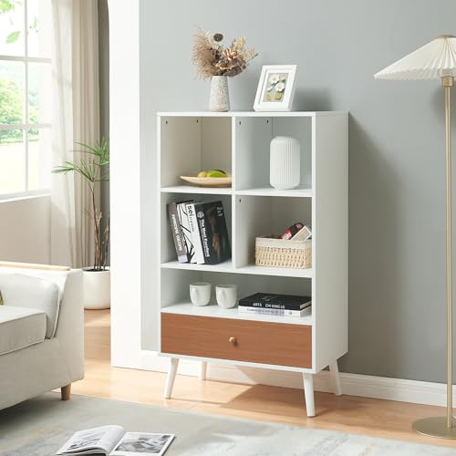 [en.casa] Libreria con Cassetto e Ripiani Scaffale da Terra con 5 Vani Aperti Mobile Contenitore Espositore 120x70x40 cm per Soggiorno Camera da Letto Studio - Bianco/Effetto Legno Teak