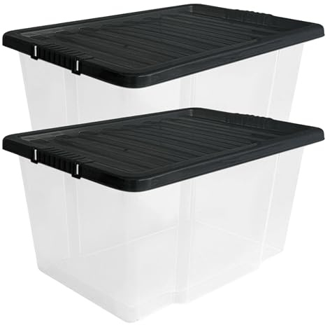 ZYBUX - Plastic Storage Boxes, 50L Black Lid, Set of 2, Stackable Multipurpose Containers for Home and Office, 57x40x33cm
