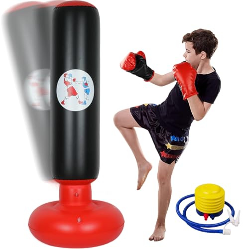 Sacco da boxe per bambini, 6-12 anni, sacco da boxe gonfiabile da 160 cm, regalo per ragazzi e ragazze per karate, kickboxing, taekwondo, allenamento MMA (nero)