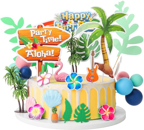 Guiqulai 55PCS Hawaiian Summer Beach Cake Toppers, Tropical Ocean Pool Party Decorations for Birthday Cakes & Cupcakes, Frangipani Green Leaves Cactus flamingo Mini Figurines