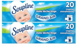 SOUPLINE Voiles Sèche-Linge Adoucissants Grand Air, Parfume le Linge de Maison, Parfum Longue Durée,Complément Idéal à Votre Lessive et à Votre Adoucissant Linge, 40 Lingettes Soupline Grand Air