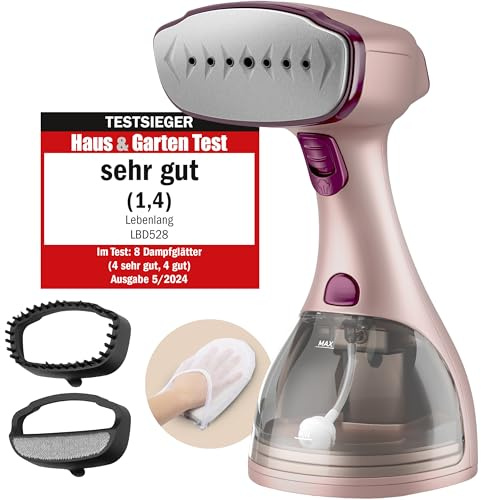 LEBENLANG Steamer Dampfglätter TESTSIEGER - 1500W & 300ml I Rosa | Inkl. Bügelhandschuh & Aufsätze I Pro Dampfsteamer für Kleidung & Clothing I Dampfbügeleisen Stiemer Bügeleisen Handheld