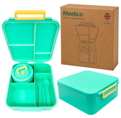 Meekco 1700ml Bento Lunch Box with Food Jar, Green | Leakproof BPA-Free Lunch Box with Four Compartments, Stainless Steel Food Jar and Dishwasher-Safe PP Construction