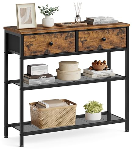 SONGMICS BELLAH Colección - Mesa Consola, Mesa de Centro Estrecha, con 2 Estantes de Rejilla, Salón, Recibidor, Pasillo, 30 x 76,7 x 78,7 cm, 2 Cajones de Tela, Marrón Rústico LGS075K101