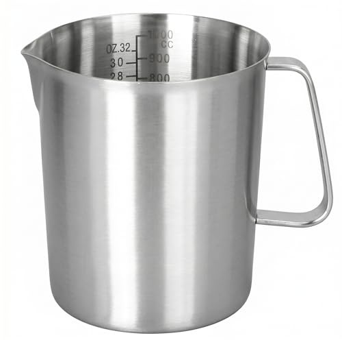 Vaso medidor de 1 litro, vaso medidor de acero inoxidable con escalas internas precisas, pico y asa a prueba de fugas, plateado.