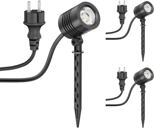 ledscom.de 3 st Liten LED-trädgårdsstrålkastare med jordspett TARL för utomhusbruk, IP65, stickpropp, svart, 4,3 W, 340lm, varmvit