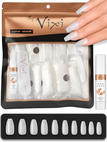 600 Stück Nageltips Ballerina Mittel Natur mit extra starkem Kleber – Künstliche Nägel zum Aufkleben, Full Cover Tips für Gelnägel & Nail Art, Fingernägel in 12 Größen (0-11) – By Vixi