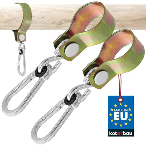 KOTARBAU® 2er Set Schaukelschelle - ⌀ 50 mm - Schaukelhaken für Holzbalken - Stabile Schaukel Befestigung - für Rundholz - Haken für Hängesessel - mit Karabinerhaken - verzinkter Stahl - Gold