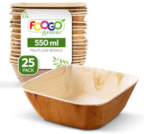 FOOGO Green 25pcs Disposable Palm Leaf Bowls, 5 (13cm) 19.4oz (550ml), for Soup, Desserts & Salad, Deep Square, Sturdy Eco Friendly Biodegradable, Bamboo, Wooden and Paper Bowls for Hot Food