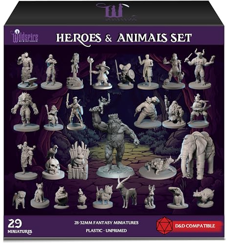 Wildspire Heroes, NPC Animal Companions & Troll King for DND Miniatures Bulk 28mm-32mm Unpainted Paintable Dungeons and Dragons Minis Pathfinder Figures for Fantasy Tabletop Roleplaying Games like D&D