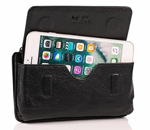 MATADOR Handy Gürteltasche Leder Herren Damen Holster bis 6,9 Zoll Schwarz | Echtleder Nappa | Doppelte Gürtelschlaufe | Reißverschlussfach mit 2 Kartenfächern | RFID-Schutz | Geschenkbox