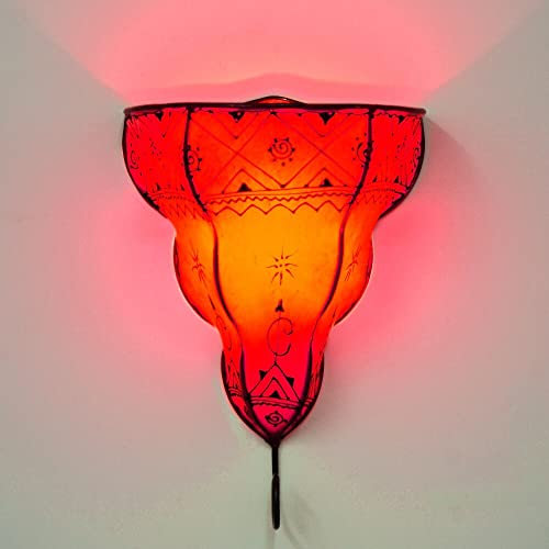 260267 Applique murale orientale pour l'intérieur avec cloche rouge 33 cm Lampe en cuir Lampe au henné Lampe marocaine Applique murale vintage avec armature en fer Abat-jour en cuir oriental Fait main