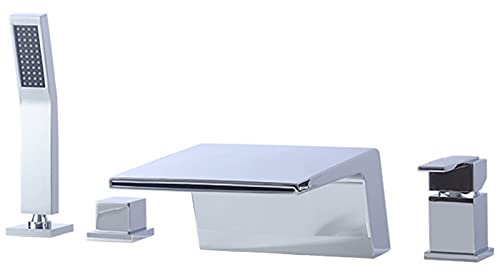 Badewannenarmatur Wasserfall Wannenarmatur Messing Badewannenarmatur Warm und Kalt Dual Control Wannenarmatur mit Handbrause Wannenfüller Doppelgriff Duscharmatur 4 Löcher Badewannenarmaturen,