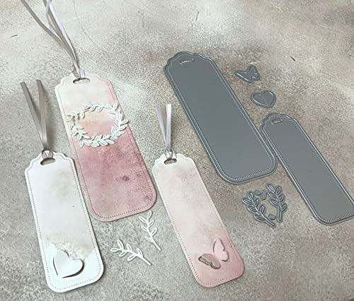 Juego de 2 troqueles de metal para marco de etiquetas, marcapáginas, etiquetas de hojas de mariposa, plantillas de marcapáginas, manualidades, tarjetas, troqueles de corte para manualidades, tarjetas