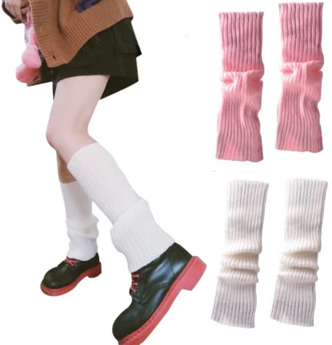 CHENGZI 2 Paar Beinstulpen, gerippte Strick-Beinwärmer, Custume Party, Sport, Yoga, Beinstulpen für Frauen und Mädchen, WH+PK, One size