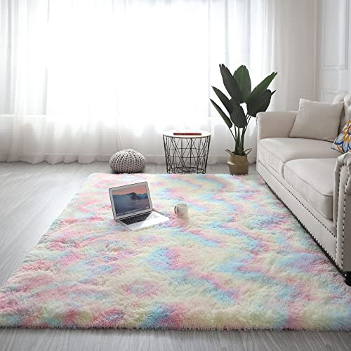 Nyescasa Hochflor Teppich Langflor Modern Flauschig Weich Rechteckig für Wohnzimmer Kinderzimmer Schlafzimmer Flur Läufer Regenbogen Shaggy Innen 80x160cm