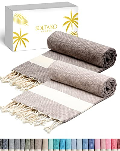 SOLTAKO Toalla Playa - Juego de 2 Toallas de 100% Algodón Turco Grande - Toalla de Hammam para Sauna Playa Fitness Yoga Deporte - Superabsorbente y Ligera (100 x 200 cm)
