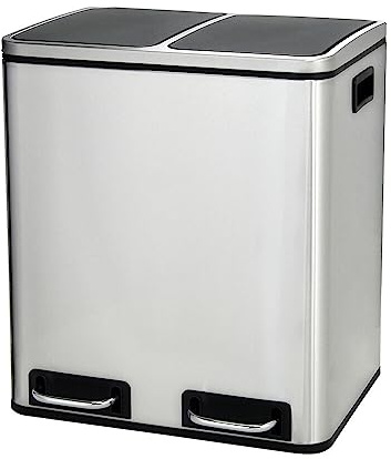 Panana 30L Dual Trash Can Kitchen Waste Rubbish Garbage, Dual Step Garbage Can & Recycle Bin with 2 Removable Inner Buckets (Silver, 30L)