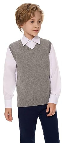 SMILING PINKER Boys Girls Vest V-Neck School Uniform Sleeveless Knitted Top Cotton Jumper (Grey,13-14 Years)