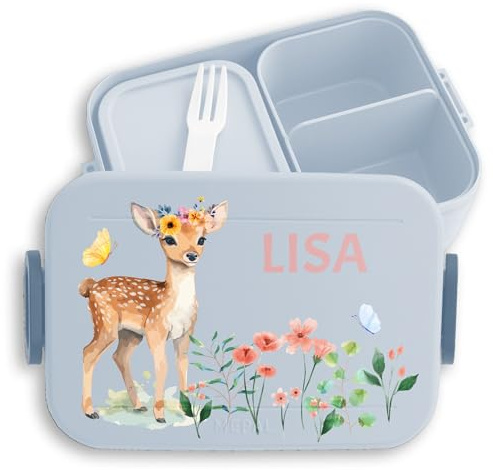 Kinder Bento Box Midi für Mepal Bentobox - Brotbox Reh Lunchbox Rehkitz Vesperdose Rehe Vesperbox Rehgeweih I - 900 ml - Hellblau - brotdose mädchen kindergarten schul geschenke rehlein name