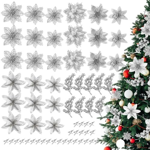 Zeyune 36 Stück glitzernde Weihnachtssterne künstliche Blumen Weihnachten mit Clips Stiele Weihnachtsbaumschmuck für Weihnachten Urlaub saisonale Hochzeit (Silber)