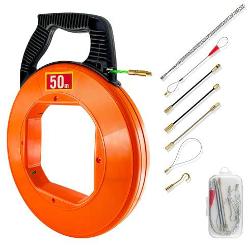 Kabeleinziehhilfe 50m,Einziehspirale,Einziehfeder 50m,Polyester Zugdraht Fish Tape Einziehhilfe FüR Kabel Mit 7 FüHrungsfedern,Mit KunststoffgehäUse (50M-B)