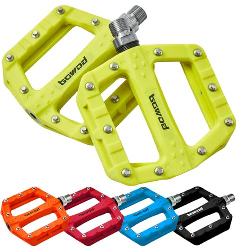 BOWOD Yellow Bike Pedals, Kross Mountain Clipless, Flat Cycling Lightweight MTB for Youth, Nylon Fiber BMX w 9/16 Spindle, for Gravel Road Bicycle Replacement