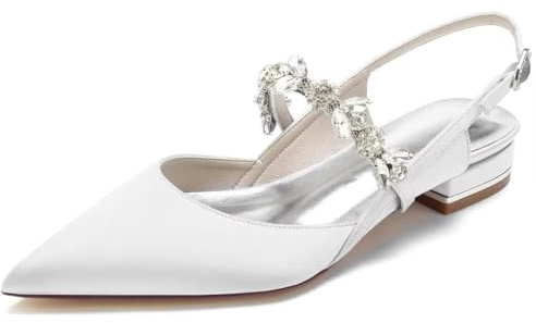 JOEupin Ballerine da sposa con punta e cristalli per donna, scarpe da sposa in raso con cinturino posteriore, ballerine da sposa per serate, feste di laurea, bianco, 37 EU
