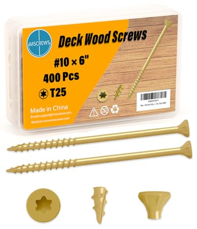 IMSCREWS 400-Pack #10 x 6 Deck Screws, Star Drive, 1000h Salt Spray Resistant Coating, Tan Exterior Wood Screws for Landscaping & Treated Lumber, with Re-usable Sturdy PVC Box (No Bit)