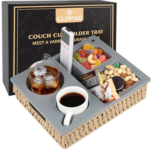 CLOPAE Couchbar Snackbox, Couch Bar, Mit Abnehmbarem Deckel, Rattan-Snackbox für Sofa, Snackbox mit Fächern, Sofaablage für Wohnzimmer Schlafzimmer Garten Camping, Personalisierte Geschenke