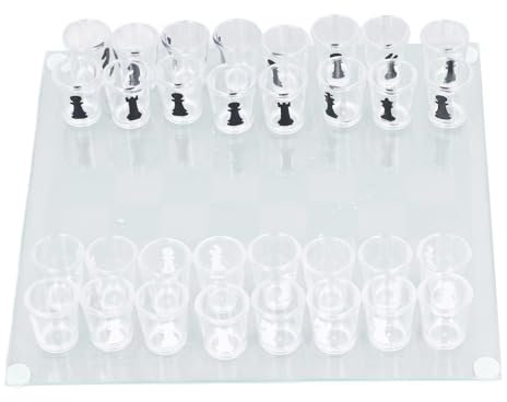 Glas-Schachbrett-Set, 22,5 x 22,5 cm, klares Glas-Schach-Trinkspiel, lustiges Trinkspiel mit Gläsern für Uni, Partys, Kunststoff- und Glasbrett