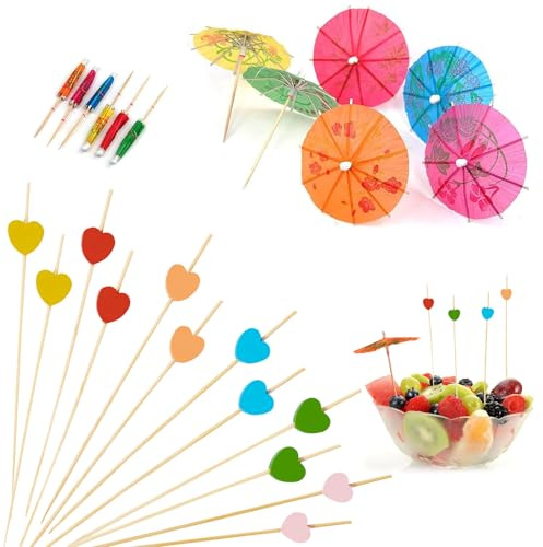 KASESSS 100 Piezas Pinchos de Cóctel y 20 Sombrillas de Cóctel, Palillos para Aperitivos 12cm, Palillos para Cocktail de Corazón Madera, Brochetas Decorativos para Fiestas Boda Fruta Postres Pastel