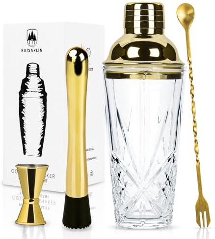 Raisaplin 4 Pcs Cocktail Shaker Set - Mini Home Bar Bartender Set, Tools for Mixing Drinks Including Glass Shaker, 10 Cocktail Spoon, Double Jigger and Extra Long Drink Muddler - Gold