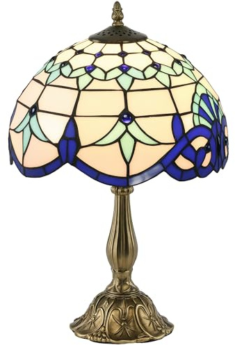 HOMCOM Tiffany Stained Glass Table Lamp Handmade Antique for Bedroom Blue | Bedside Lamp, Living Room, Home, Nightstand, Decorative Night Light