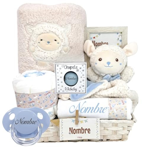 Mababyshop Cesta Bebé My Sheep - Set de Regalo Personalizado: Dou Dou Ovejita, Manta Suave, Muselina de Algodón Personalizada, Chupete con Nombre, Pastel de Pañales Ecológicos Talla 2 (Azul)