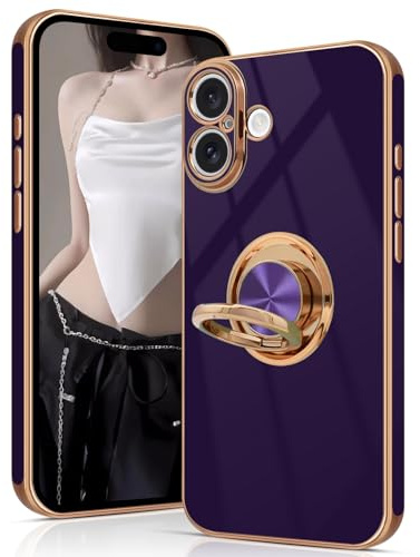 Tveinan for iPhone 16 Case with 360° Rotation Ring Holder Stand, Slim Soft Shockproof Cover with Magnetic Car Holder Flexible TPU Phone Case for iPhone 16 6.1 - Deep Purple