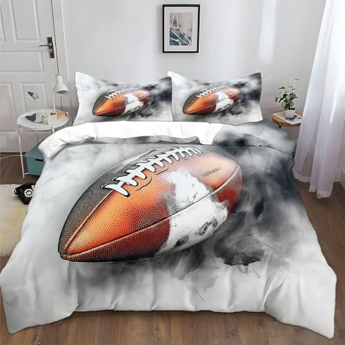 Housse de Couette en Microfibre Football Américain Gris Fumée Parure de Lit Imprimé 2 Personne 200x200 cm, Literie Sets de Housses de Couettes avec Fermeture Éclair et 2 Taies d'oreiller 65x65 cm